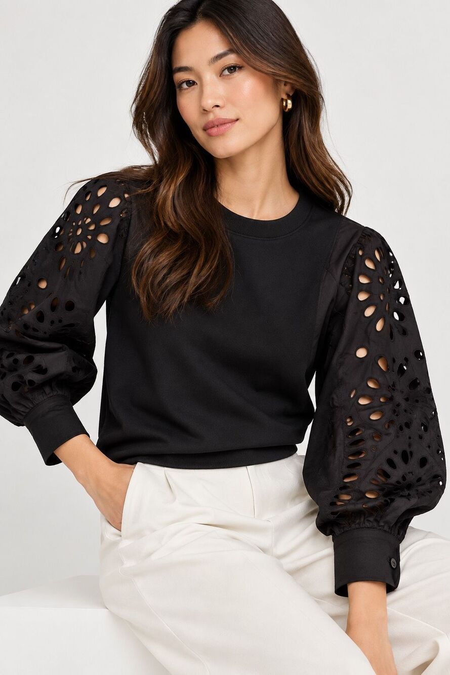 Thakoon Black Eyelet Cutout Balloon Puff Sleeve Cotton Top Blouse S